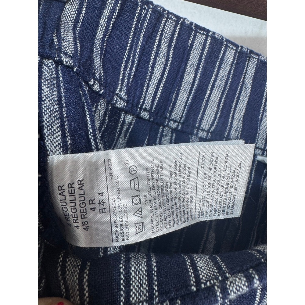 Gap Navy Blue Linen Blend Wide Leg Striped Side Button‎ Coastal Pants Size 4R - Picture 8 of 8